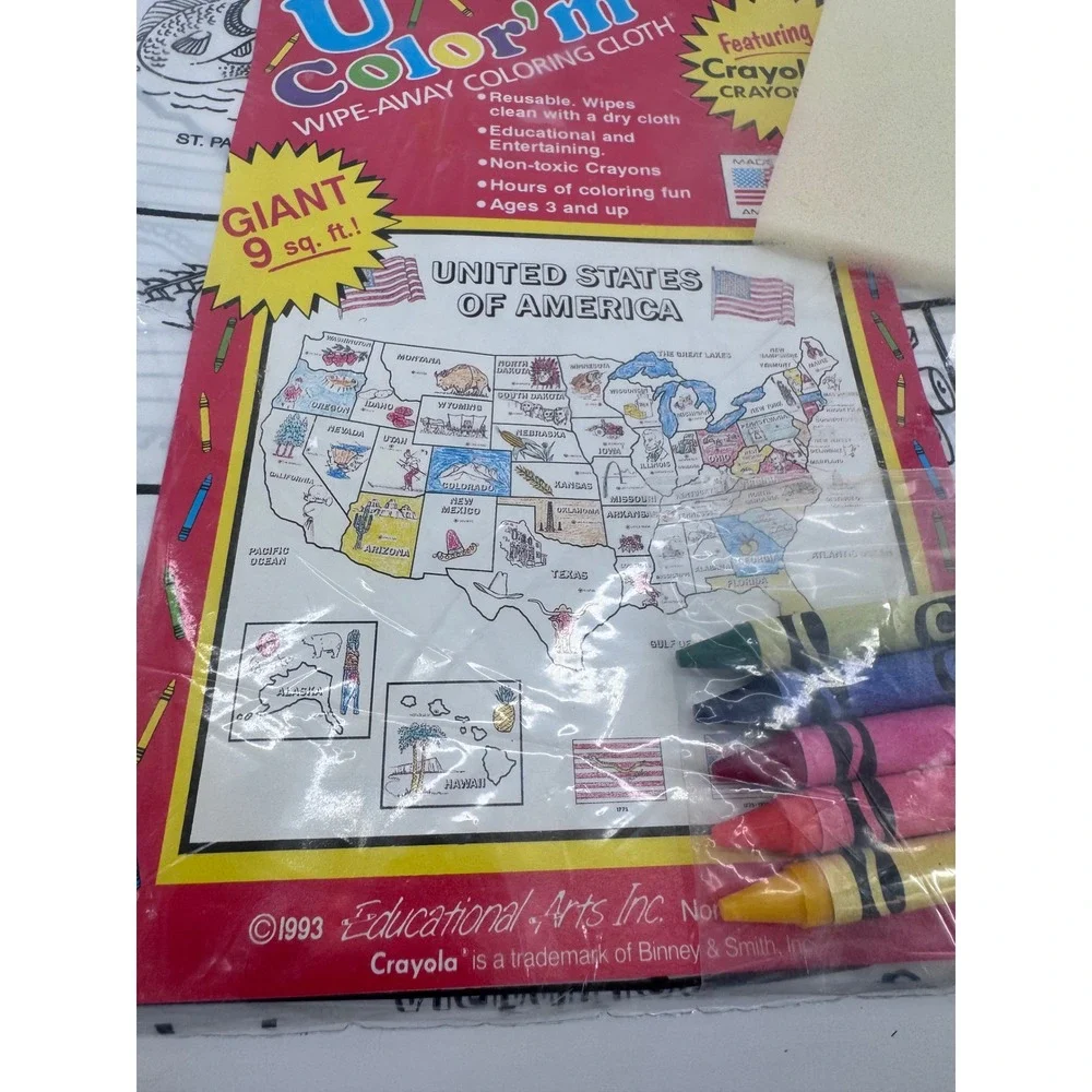 Educational Arts U Color'm Coloring Cloth Kids USA Map Crayons‎ Vintage 1993 New